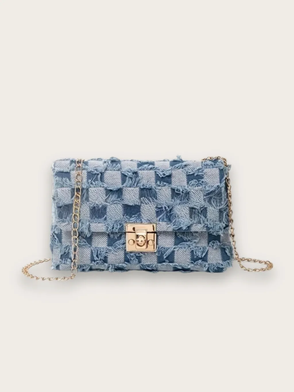 Elegant Checkerboard Denim Bag with Gold Chain