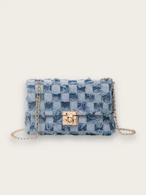 Elegant Checkerboard Denim Bag with Gold Chain — view 1