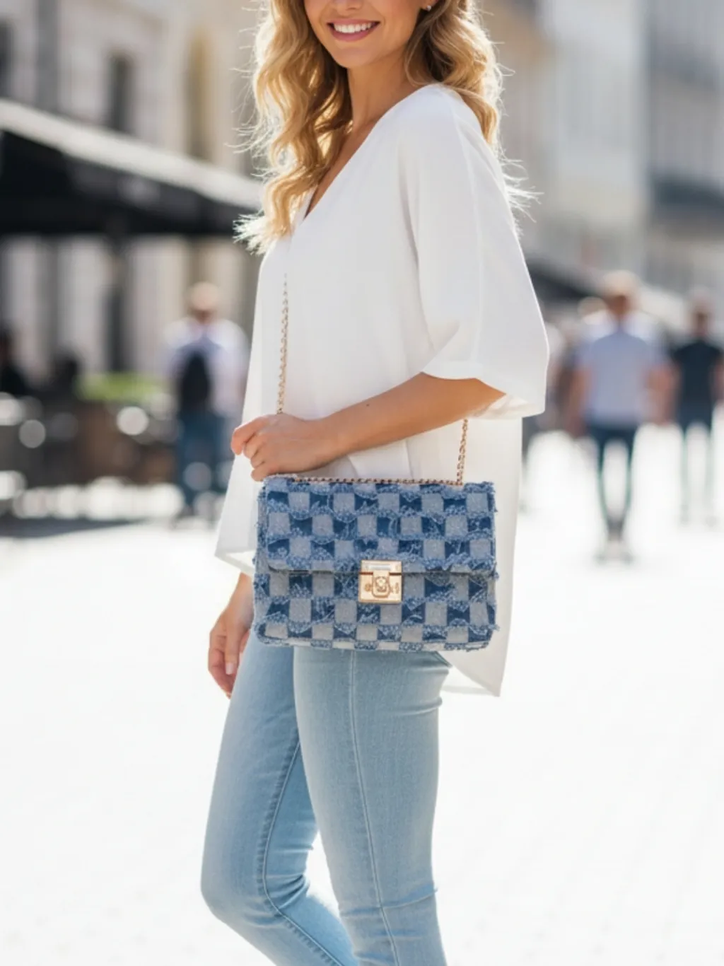 Elegant Checkerboard Denim Bag with Gold Chain — a pair designed to be worn everywhere