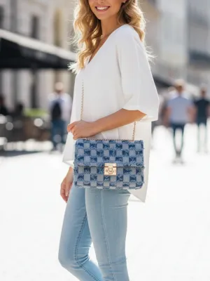 Elegant Checkerboard Denim Bag with Gold Chain — view 2