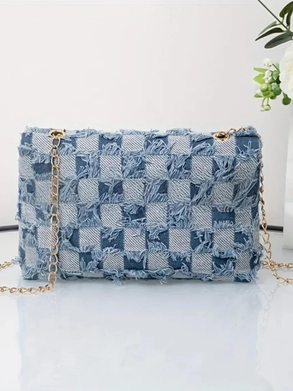 Elegant Checkerboard Denim Bag with Gold Chain — quality denim, made to last