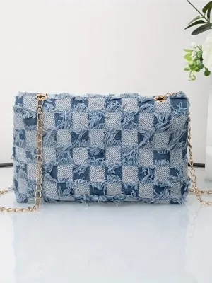 Elegant Checkerboard Denim Bag with Gold Chain — view 3
