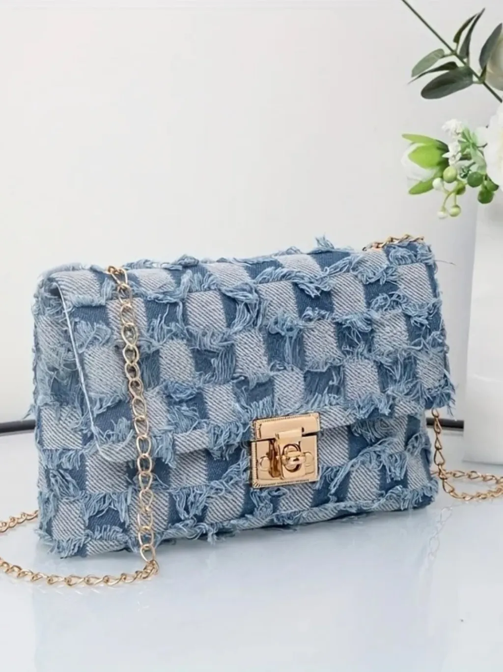 Elegant Checkerboard Denim Bag with Gold Chain — endless ways to style it