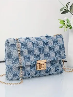 Elegant Checkerboard Denim Bag with Gold Chain — view 4
