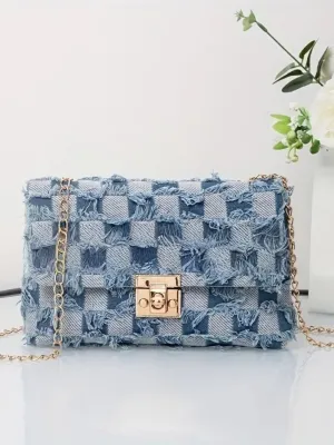 Elegant Checkerboard Denim Bag with Gold Chain — view 5