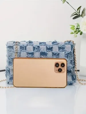 Elegant Checkerboard Denim Bag with Gold Chain — view 6