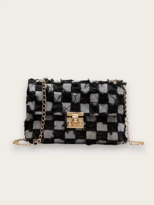 Elegant Checkerboard Denim Bag with Gold Chain — view 7