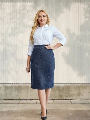 Dark Blue Plus-Size Denim Skirt with Visible Seams — view 1
