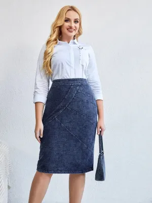 Dark Blue Plus-Size Denim Skirt with Visible Seams — view 2