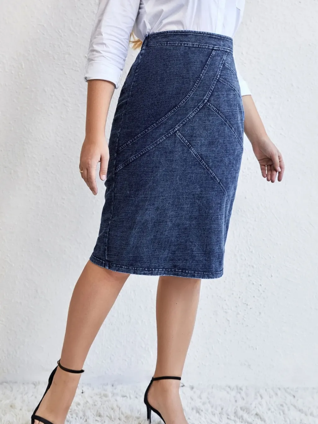 Dark Blue Plus-Size Denim Skirt with Visible Seams — quality denim, made to last