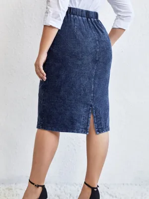 Dark Blue Plus-Size Denim Skirt with Visible Seams — view 5