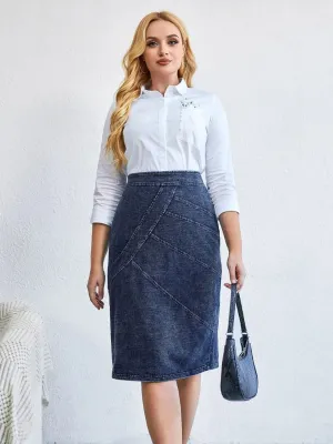 Dark Blue Plus-Size Denim Skirt with Visible Seams — view 6