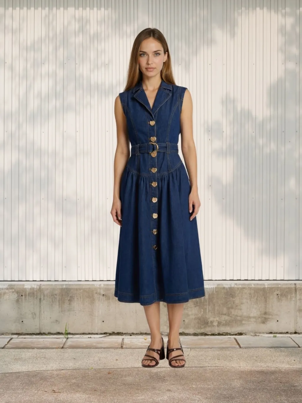 Dark Blue Sleeveless Buttoned Denim Dress