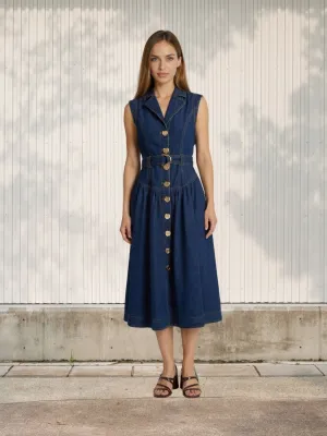 Dark Blue Sleeveless Buttoned Denim Dress — view 1