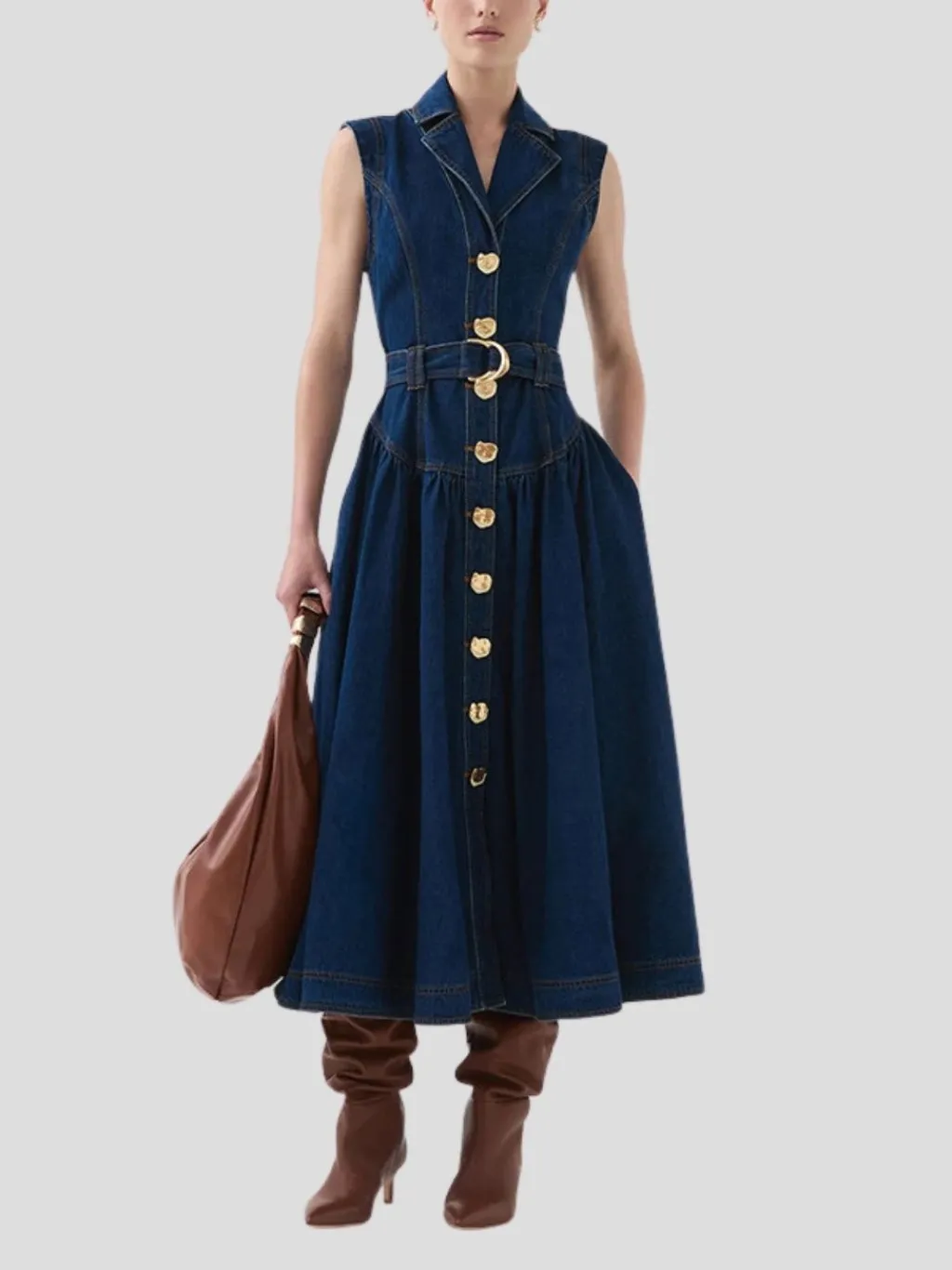 Dark Blue Sleeveless Buttoned Denim Dress — endless ways to style it