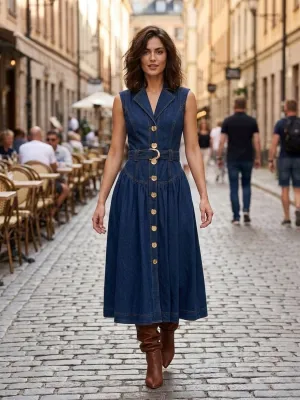 Dark Blue Sleeveless Buttoned Denim Dress — view 5