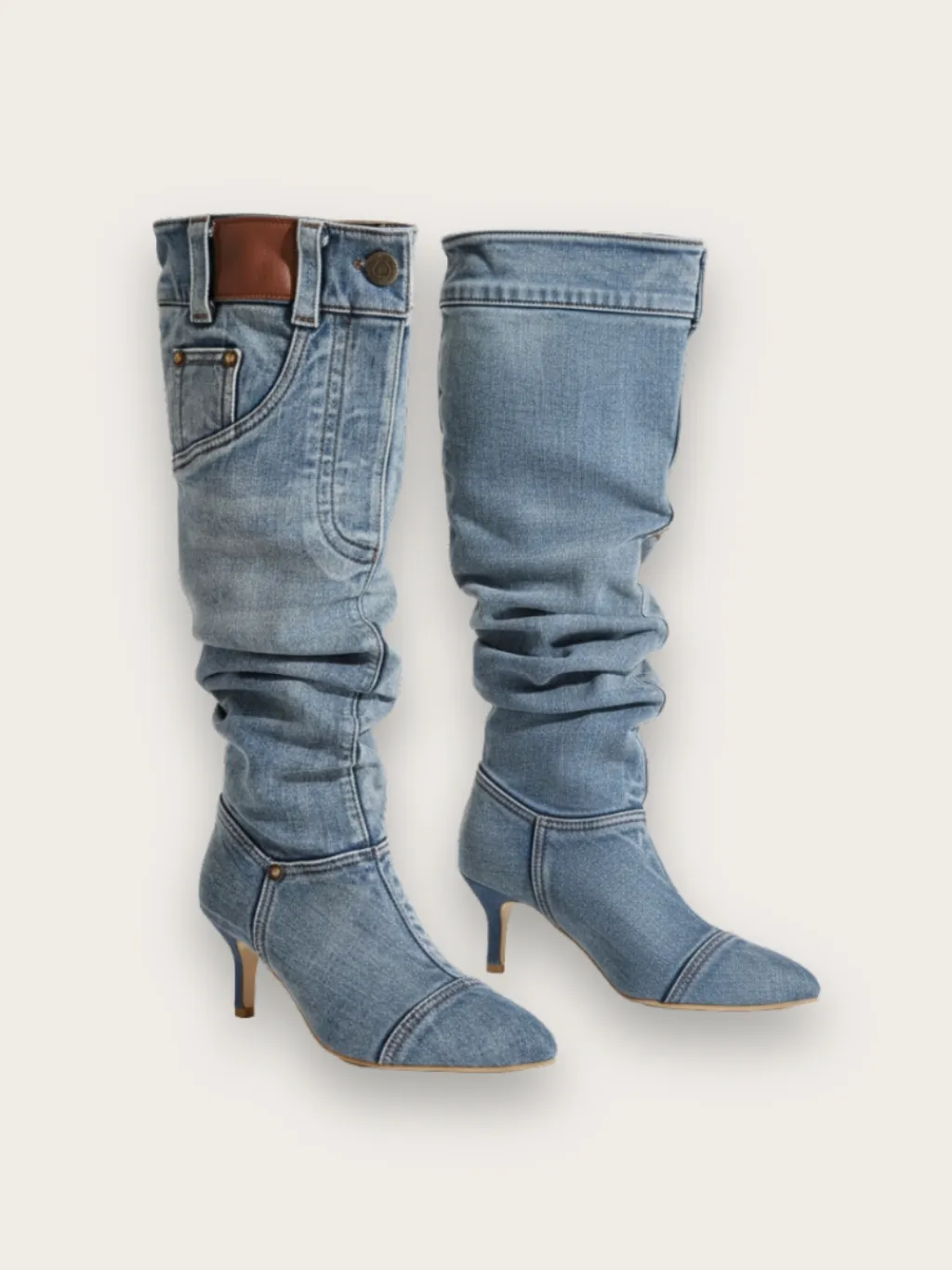 Denim Heeled Boots with Pocket and Rivet Details