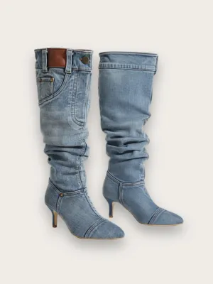 Denim Heeled Boots with Pocket and Rivet Details — view 1