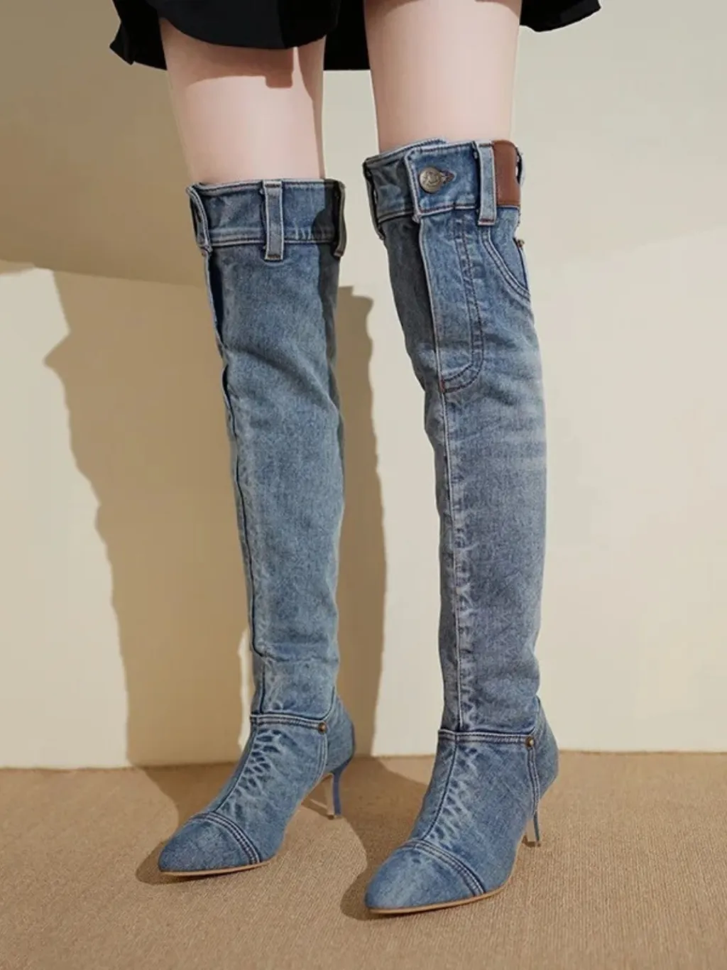 Denim Heeled Boots with Pocket and Rivet Details — a pair designed to be worn everywhere