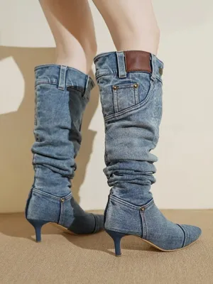 Denim Heeled Boots with Pocket and Rivet Details — view 4