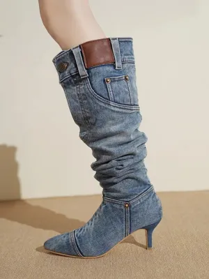 Denim Heeled Boots with Pocket and Rivet Details — view 5