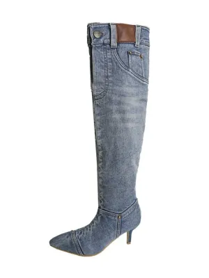 Denim Heeled Boots with Pocket and Rivet Details — view 6