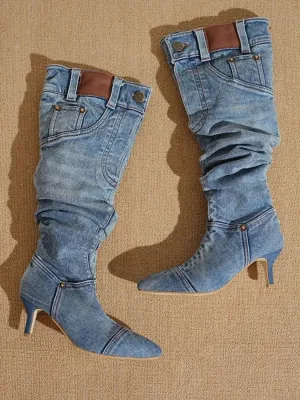 Denim Heeled Boots with Pocket and Rivet Details — view 7