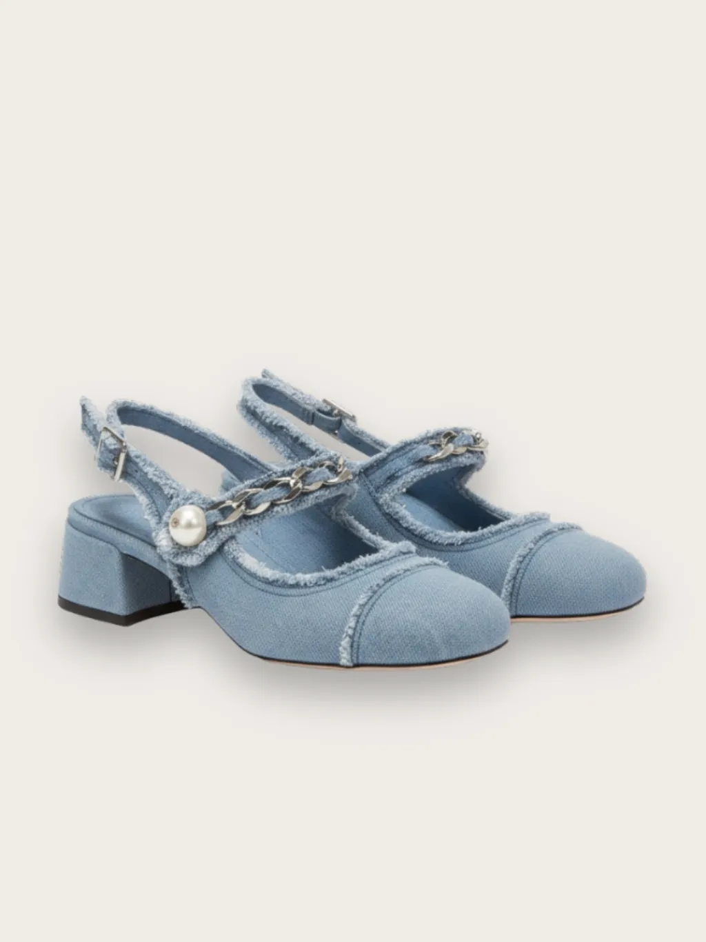 Denim Heeled Mary Janes with Beaded Strap
