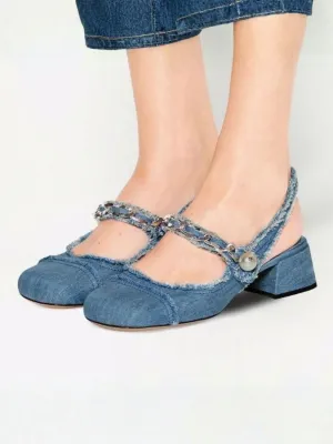 Denim Heeled Mary Janes with Beaded Strap — view 2