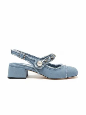 Denim Heeled Mary Janes with Beaded Strap — view 5