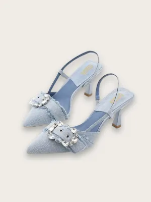 Denim Slingback Heels with Diamanté Buckles — view 1