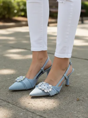 Denim Slingback Heels with Diamanté Buckles — view 2