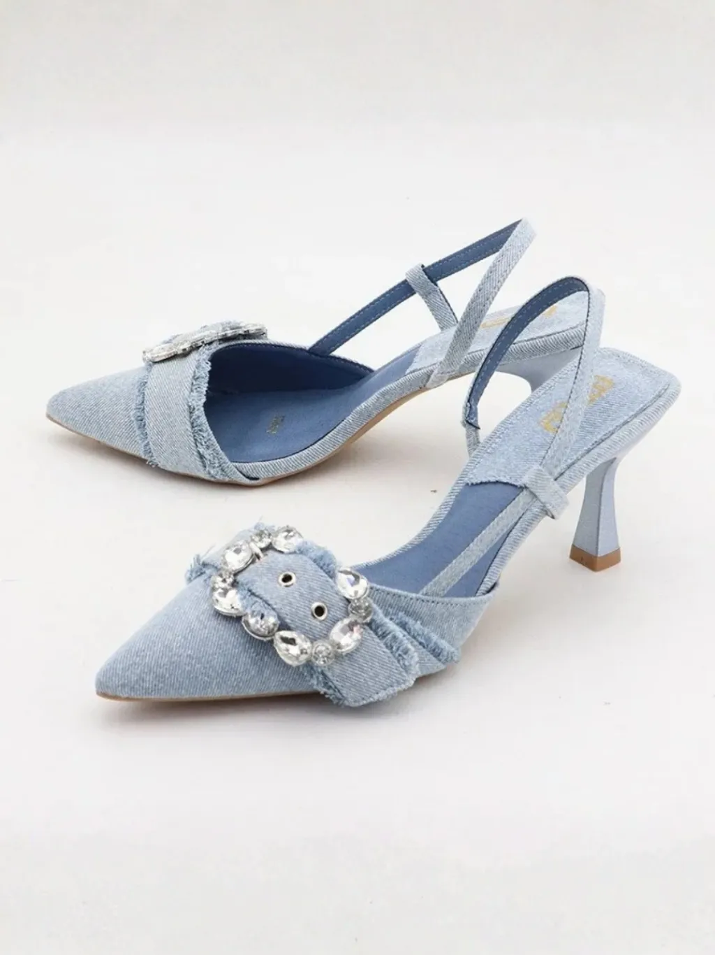 Denim Slingback Heels with Diamanté Buckles — endless ways to style it