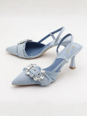 Denim Slingback Heels with Diamanté Buckles — view 4