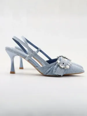 Denim Slingback Heels with Diamanté Buckles — view 5