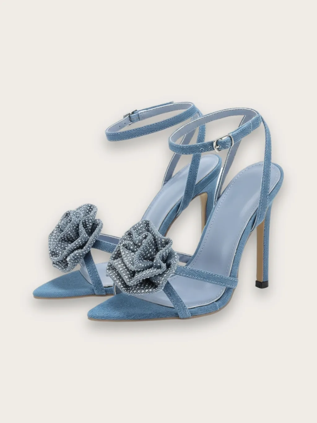 Denim Stiletto Heels with Diamanté Flower