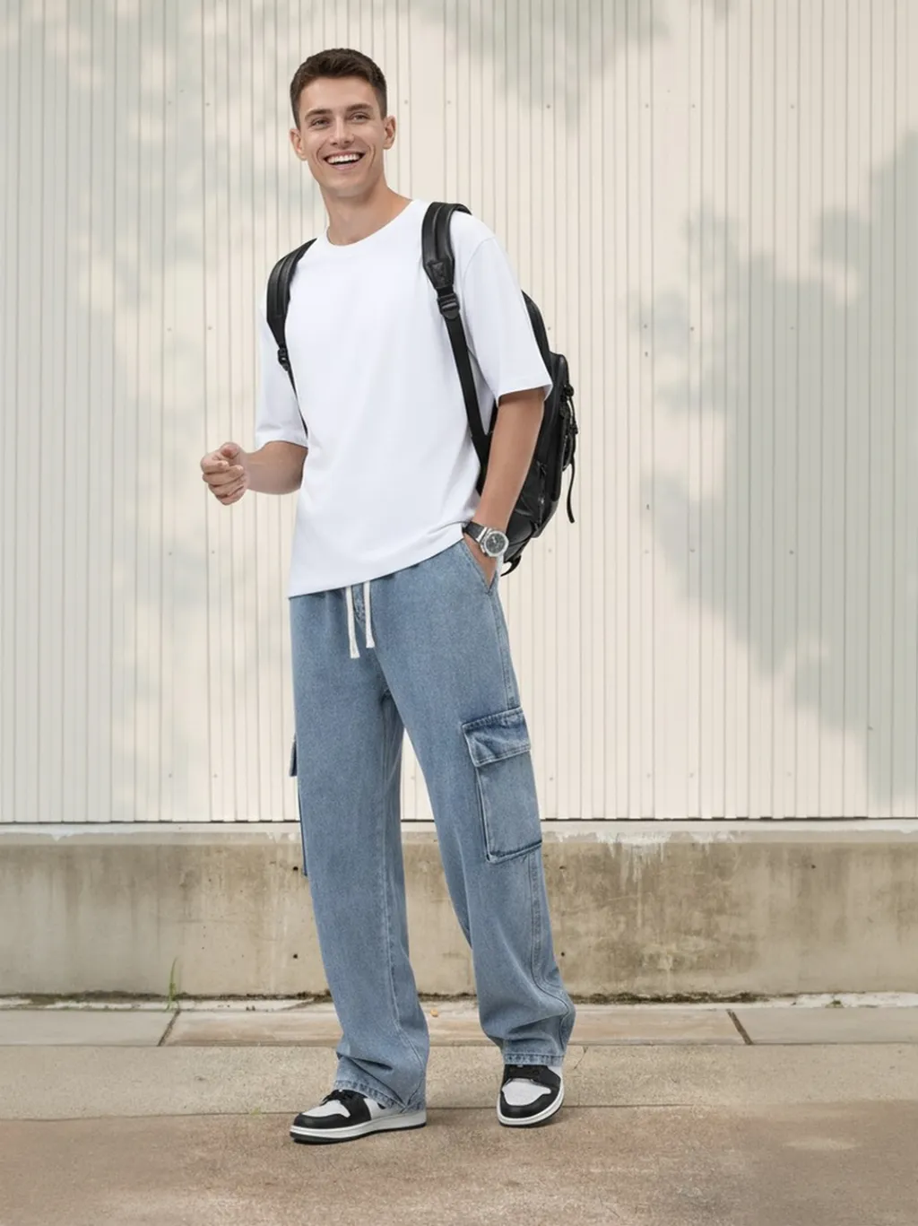 Elastic Waist Loose-Fit Cargo Jeans
