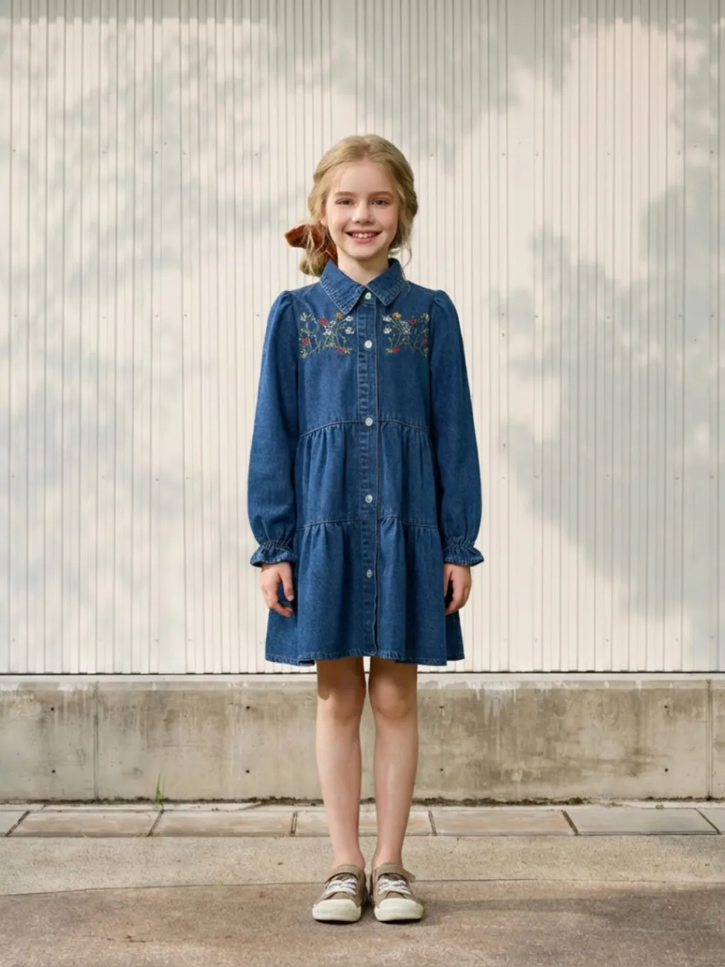 Girls' Babydoll Denim Dress with Embroidery