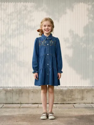 Girls' Babydoll Denim Dress with Embroidery — view 1