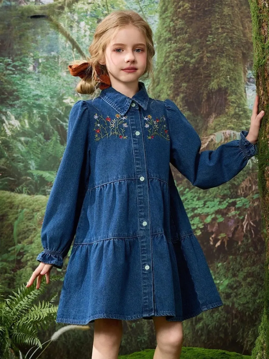 Girls' Babydoll Denim Dress with Embroidery — quality denim, made to last