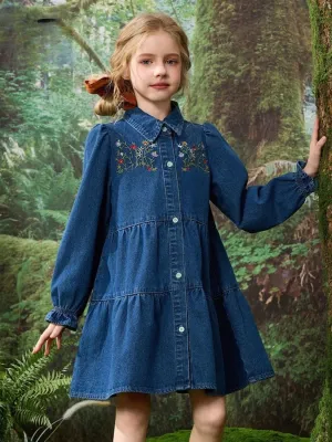 Girls' Babydoll Denim Dress with Embroidery — view 3