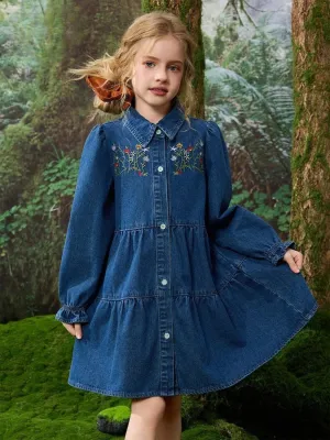 Girls' Babydoll Denim Dress with Embroidery — view 4