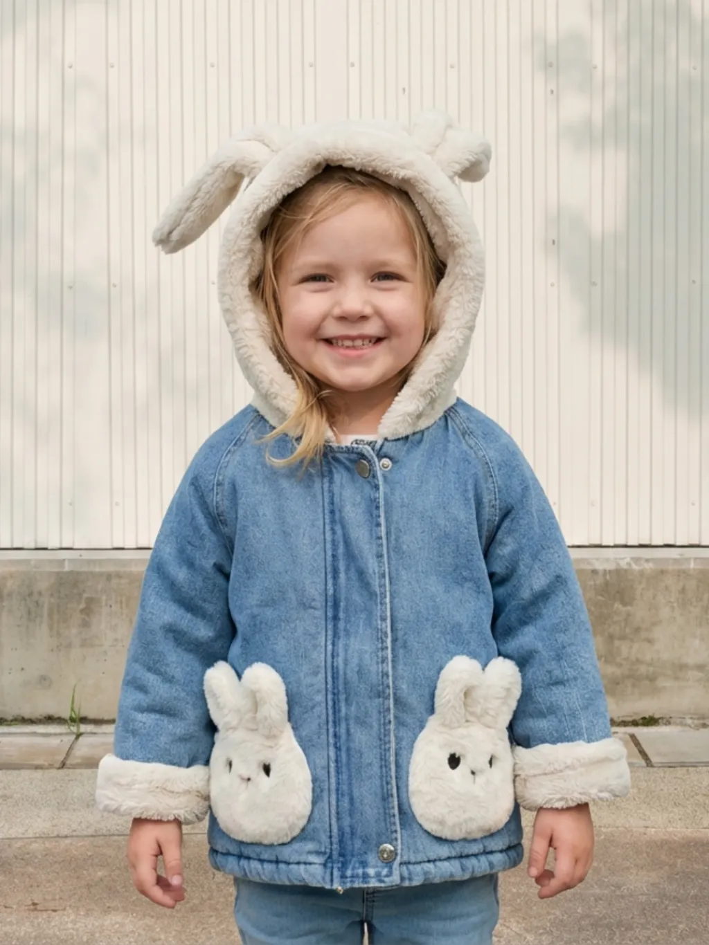 Girls' Blue Denim Jacket with Bunny Ear Hood