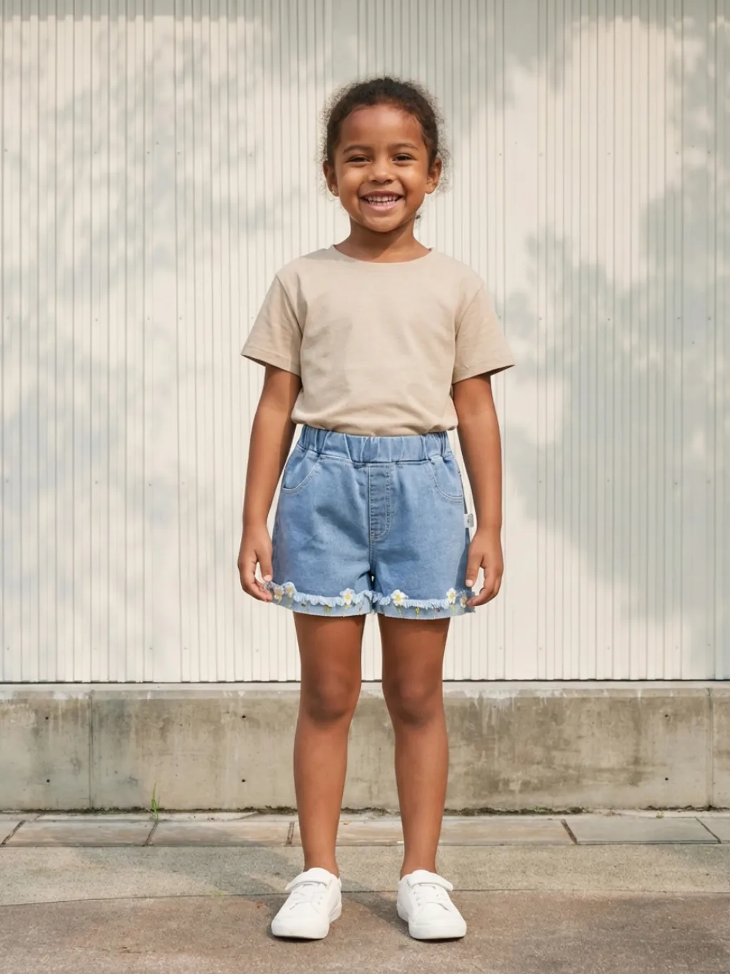 Girls' Blue Denim Shorts with Elasticated Waist and Floral Embroidery