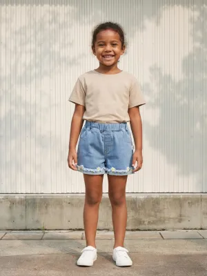 Girls' Blue Denim Shorts with Elasticated Waist and Floral Embroidery — view 1