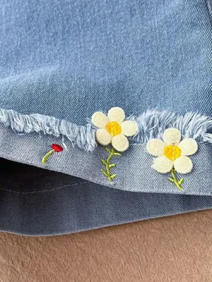 Girls' Blue Denim Shorts with Elasticated Waist and Floral Embroidery — view 3