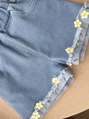Girls' Blue Denim Shorts with Elasticated Waist and Floral Embroidery — view 6