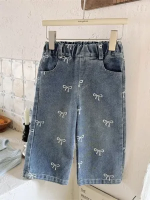 Girls' Blue Jeans with Elasticated Waist and Bow Embroidery — view 2