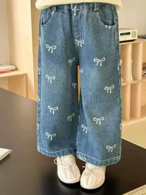 Girls' Blue Jeans with Elasticated Waist and Bow Embroidery — view 3