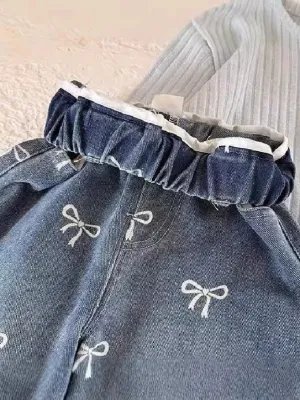 Girls' Blue Jeans with Elasticated Waist and Bow Embroidery — view 5